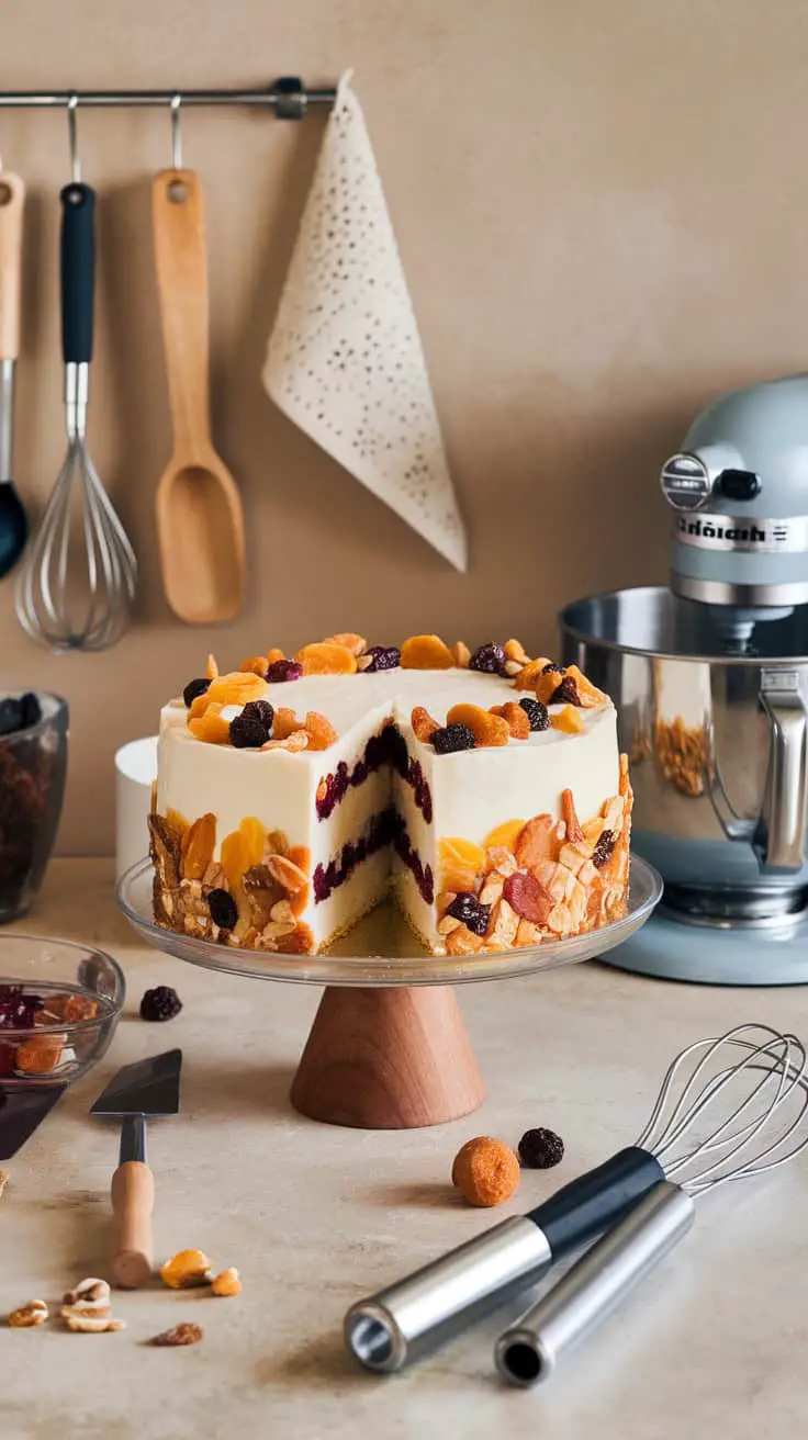 A beautifully decorated eggless fruit cake with dried fruits on top, displayed on a wooden stand in a kitchen setting.