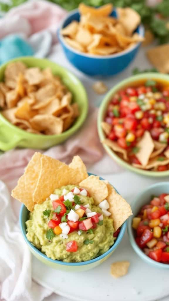 A colorful spread of gluten-free baby shower appetizers featuring guacamole, salsa, and gluten-free chips.