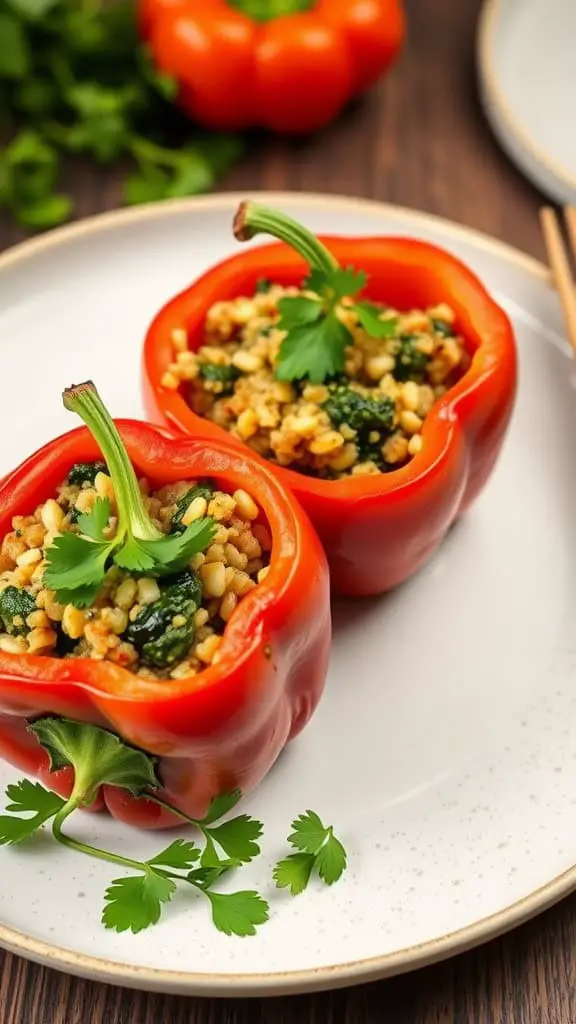 Two red bell peppers stuffed with quinoa and spinach on a plate, garnished with fresh cilantro.