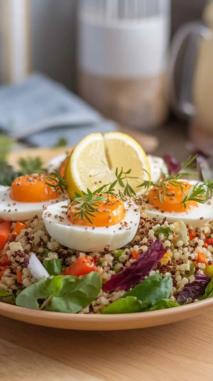 A close-up of a plate featuring quinoa, veggies, and egg bites garnished with lemon and herbs.