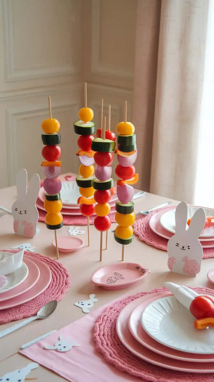 Colorful veggie skewers arranged on a table decorated with pink plates and bunny motifs.