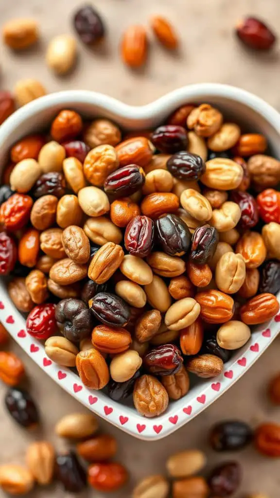 A heart-shaped bowl filled with a variety of nuts and raisins, showcasing a colorful energy mix.