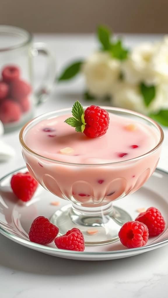 A bowl of Raspberry Almond Cream Jello Delight garnished with raspberries and mint, surrounded by fresh raspberries.