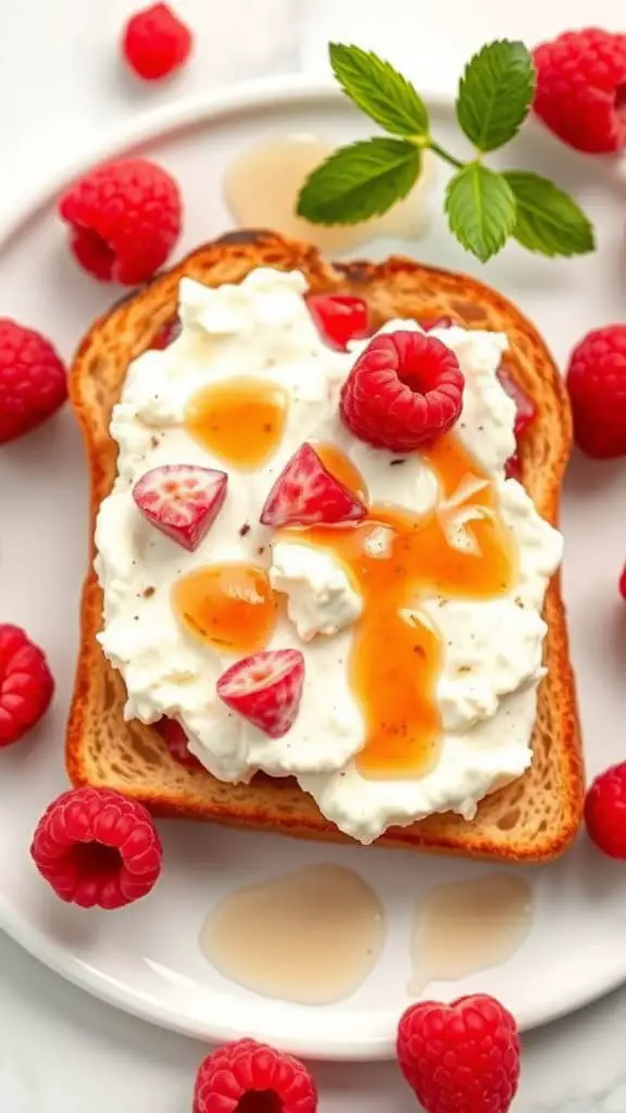A slice of whole-grain toast topped with cottage cheese, fresh raspberries, honey, and a mint leaf.