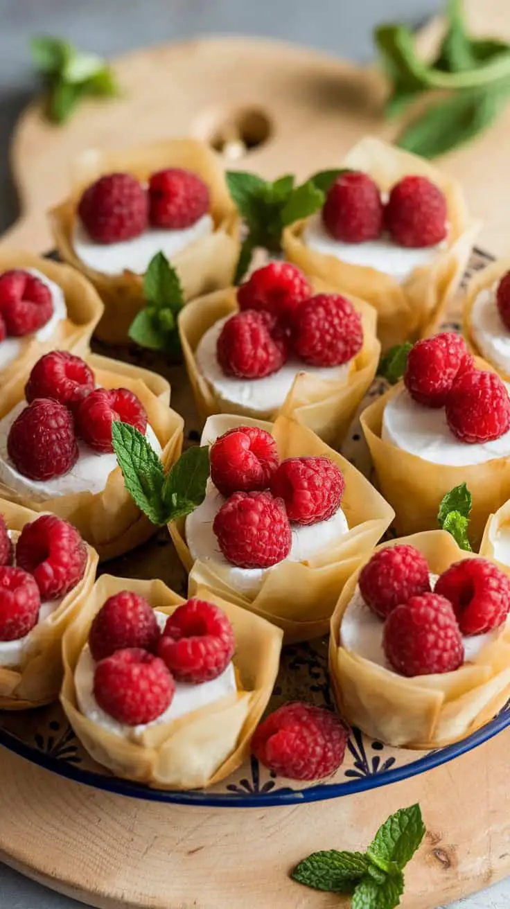 Platter of Raspberry Brie Phyllo Cups topped with raspberries and mint leaves