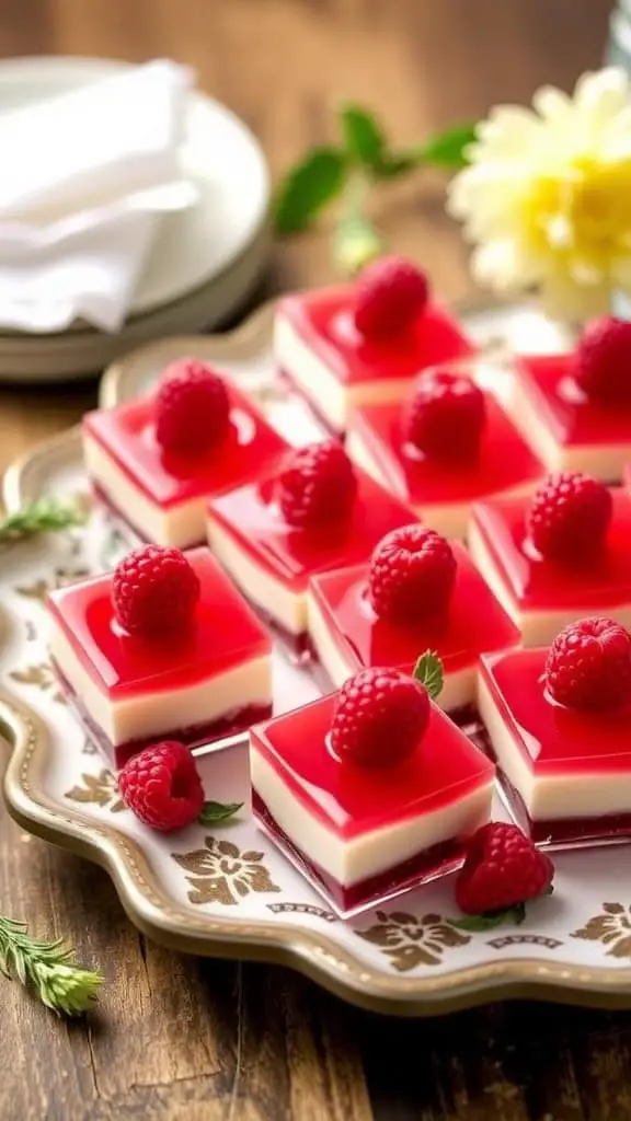 A plate of raspberry cheesecake jello bites decorated with fresh raspberries.