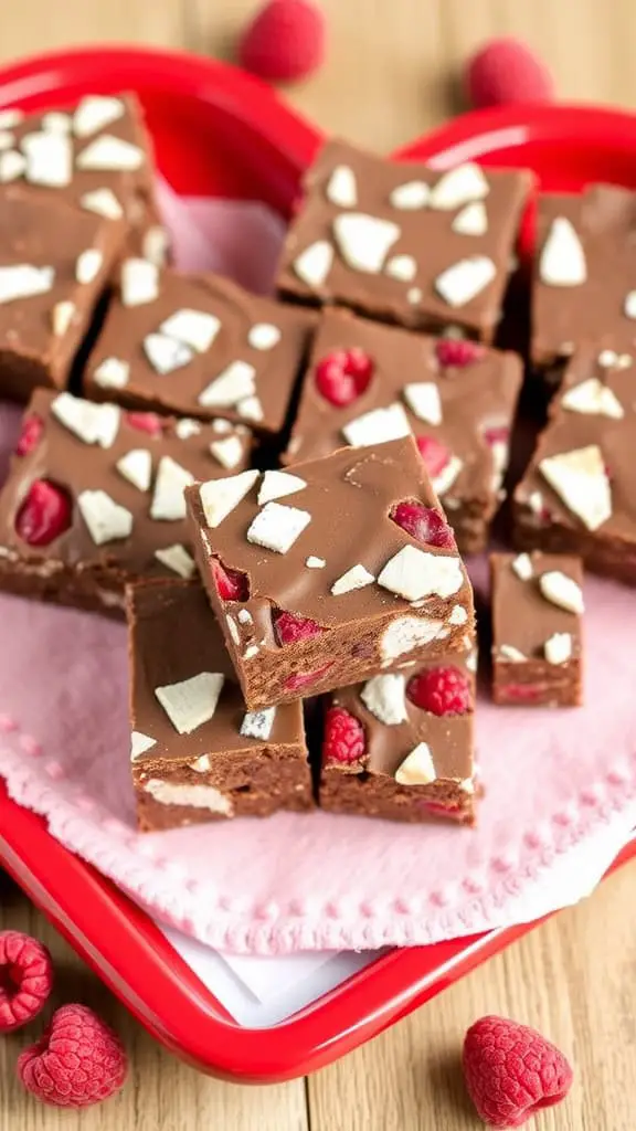 Delicious Raspberry Chocolate Crinkle Bars on a heart-shaped tray.