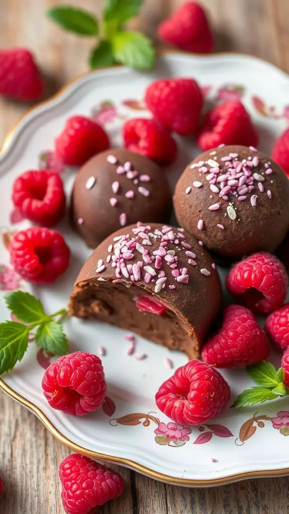 A plate of Raspberry Coffee Truffles surrounded by fresh raspberries and mint leaves.