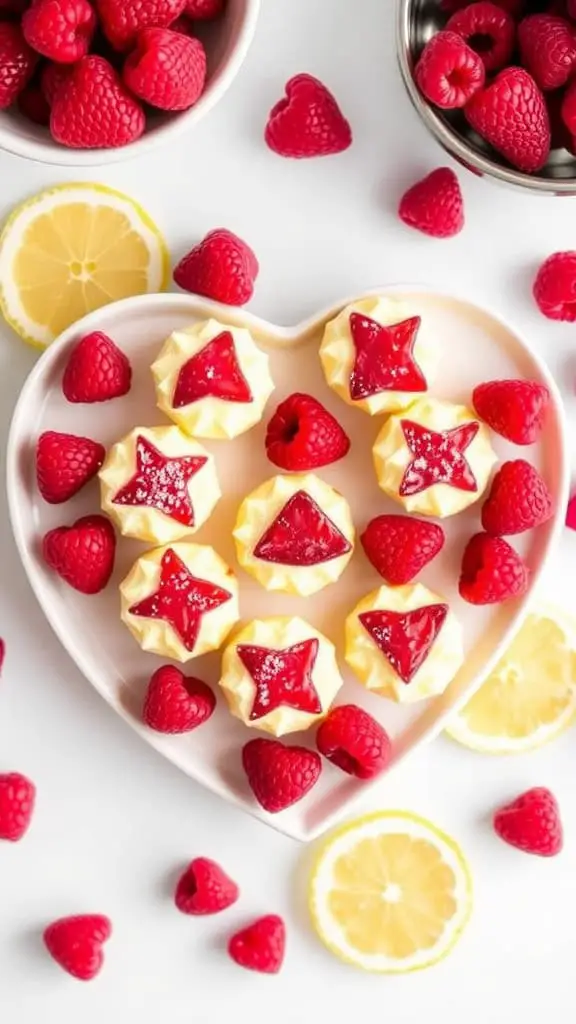 A heart-shaped plate with star and heart-shaped Raspberry Lemon Bliss Bites, surrounded by fresh raspberries and lemon slices.