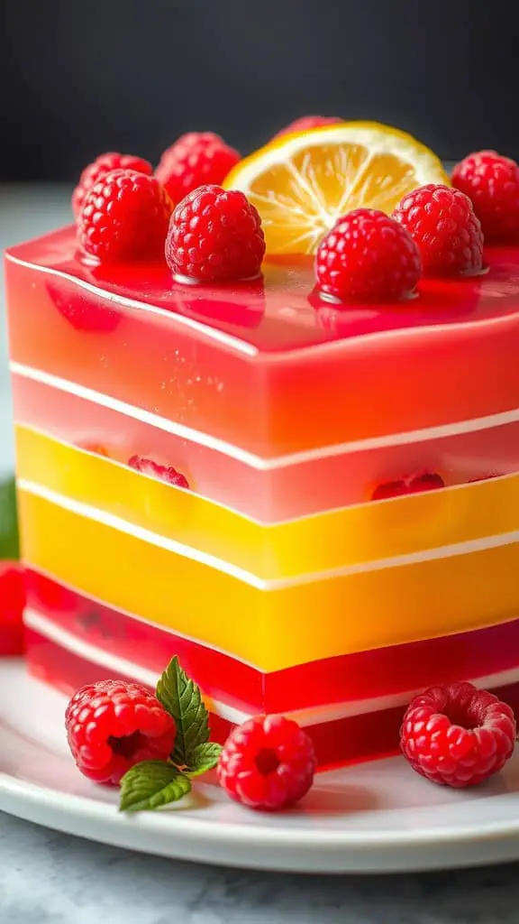 A colorful Raspberry Lemonade Jello Layer Cake topped with fresh raspberries and a lemon slice.