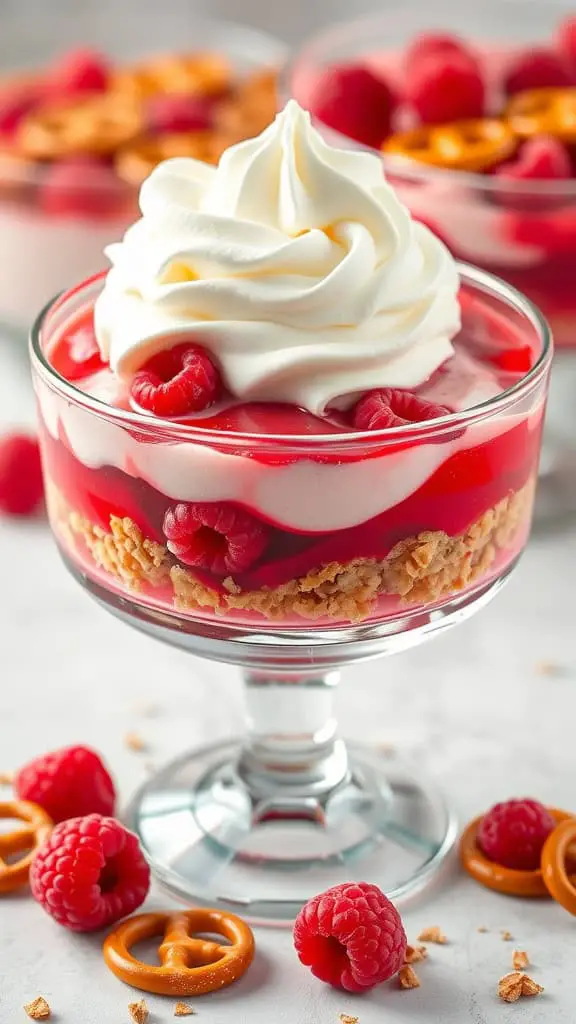 A glass dessert featuring layers of raspberry jello, cream, and pretzel crust, topped with whipped cream and fresh raspberries.