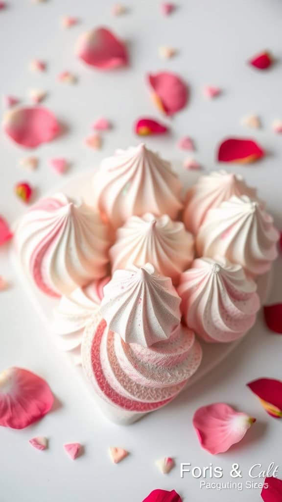 Plate of Raspberry Rose Meringue Kisses surrounded by rose petals