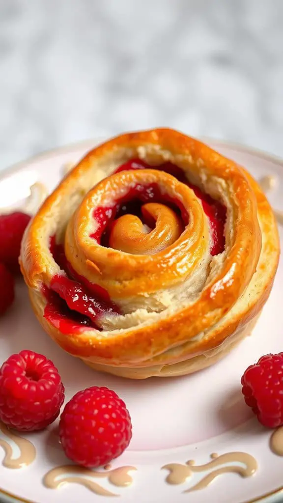 A freshly baked raspberry swirl danish on a plate with some raspberries beside it.