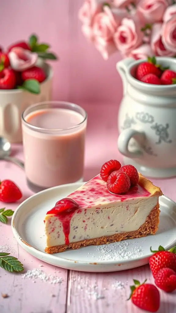 A slice of raspberry cheesecake with a glass of raspberry coffee creamer and fresh raspberries beside it.