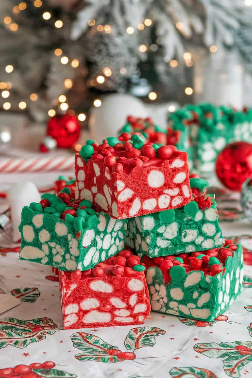 A festive display of red and green marshmallow crispy bars decorated with colorful candy.