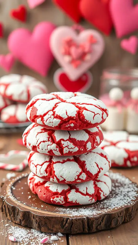 A stack of red velvet crinkle cookies on a wooden board, decorated for Valentine's Day with pink and red hearts in the background.