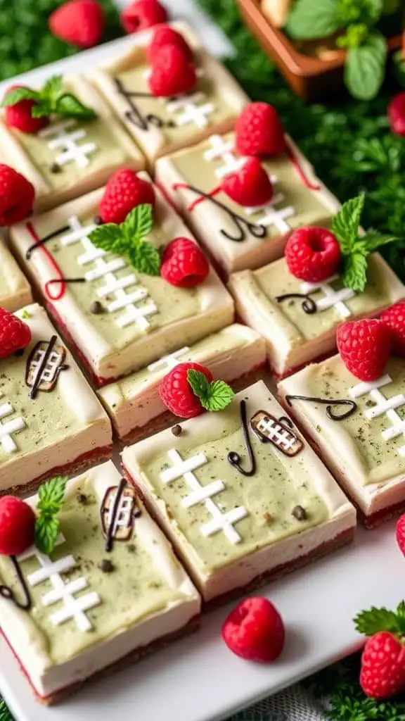 Plate of raspberry cheesecake bars decorated with raspberries and mint leaves