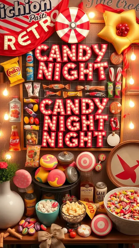 A colorful display featuring candies and treats, with 'CANDY NIGHT' illuminated in lights.