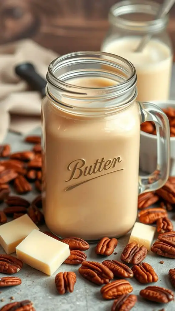 A jar of rich and creamy butter pecan coffee creamer surrounded by pecans and butter squares.