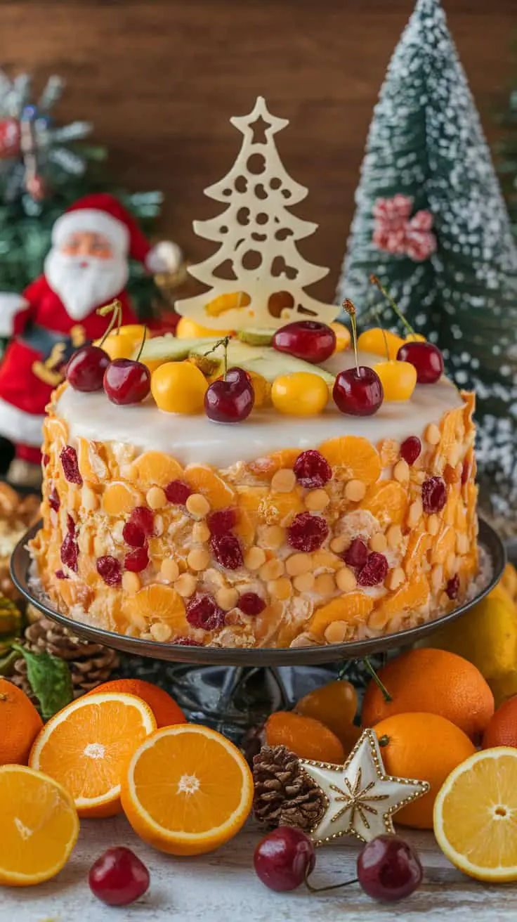 A rich eggless Christmas cake decorated with fruits and a festive tree topper, surrounded by oranges and pine cones.