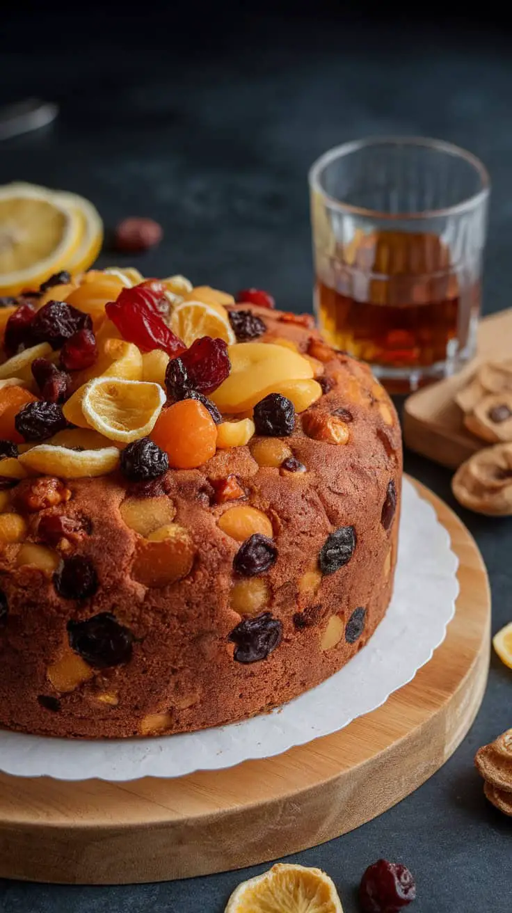 A rich rum-soaked fruit cake topped with dried fruits, placed on a wooden board with a glass of rum beside it.