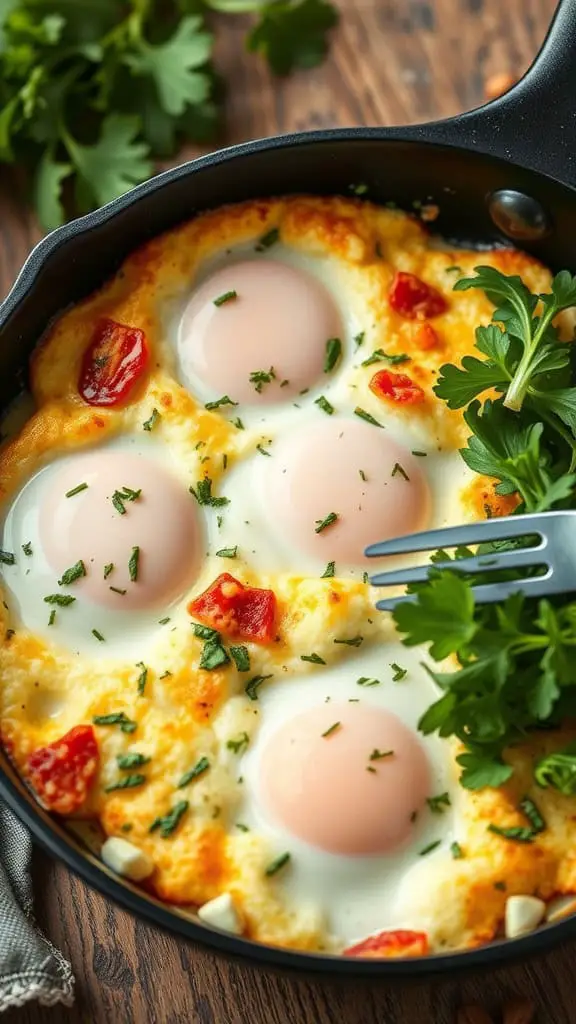 Ricotta and Cottage Cheese Egg Bake with herbs and tomatoes in a skillet