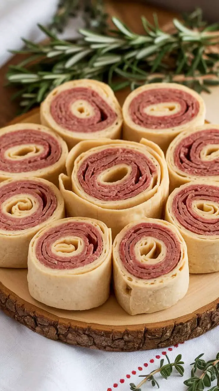 A plate of roast beef and horseradish tortilla pinwheels arranged in a circular pattern on a wooden board, surrounded by fresh herbs.