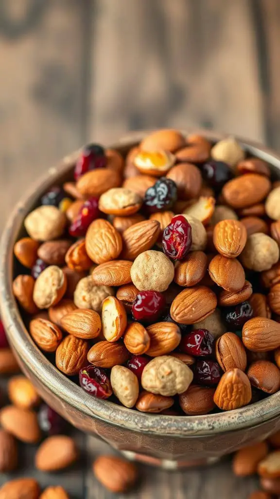 A bowl filled with roasted almonds and dried cranberries, surrounded by loose nuts on a wooden table.