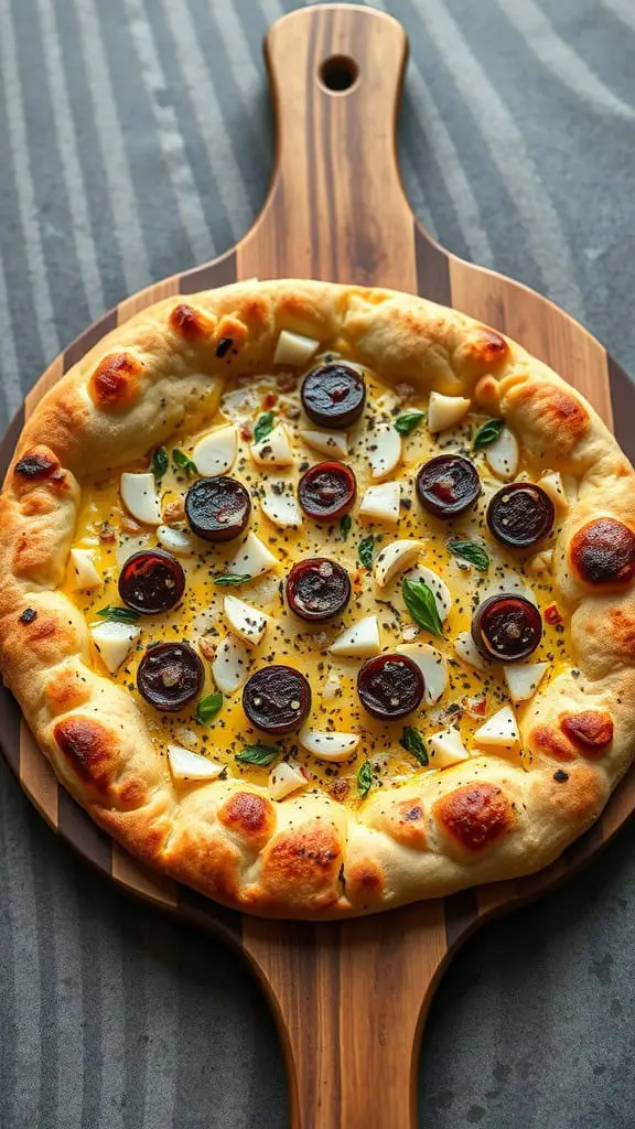 A roasted garlic and za'atar flatbread pizza topped with cheese and olives on a wooden pizza board.