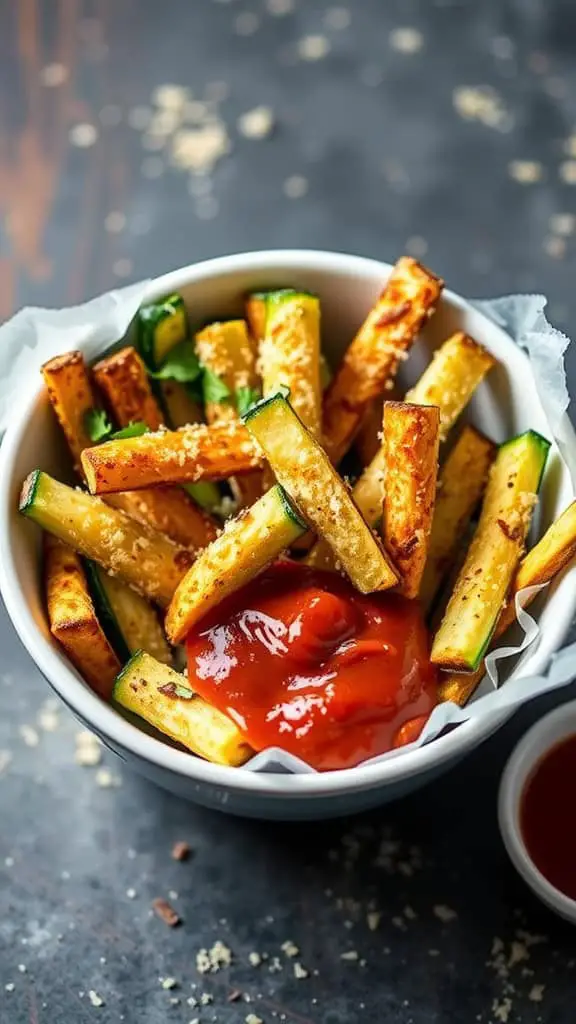 A bowl of roasted garlic Parmesan zucchini fries with ketchup