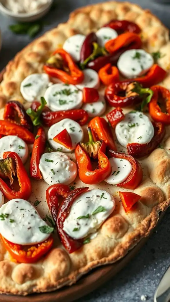 Flatbread topped with roasted red peppers and goat cheese.