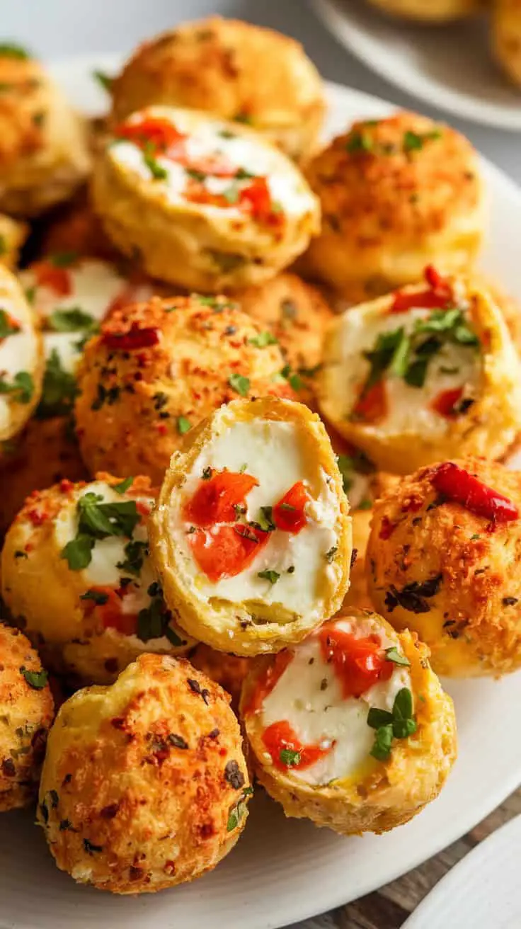 A plate of roasted red pepper and feta oven egg white bites, some cut open to show the filling.