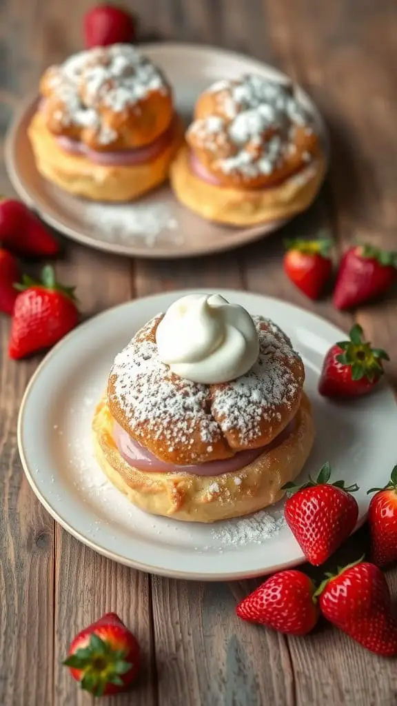 Delicious roasted strawberry cream puffs with whipped cream, served on a plate with fresh strawberries