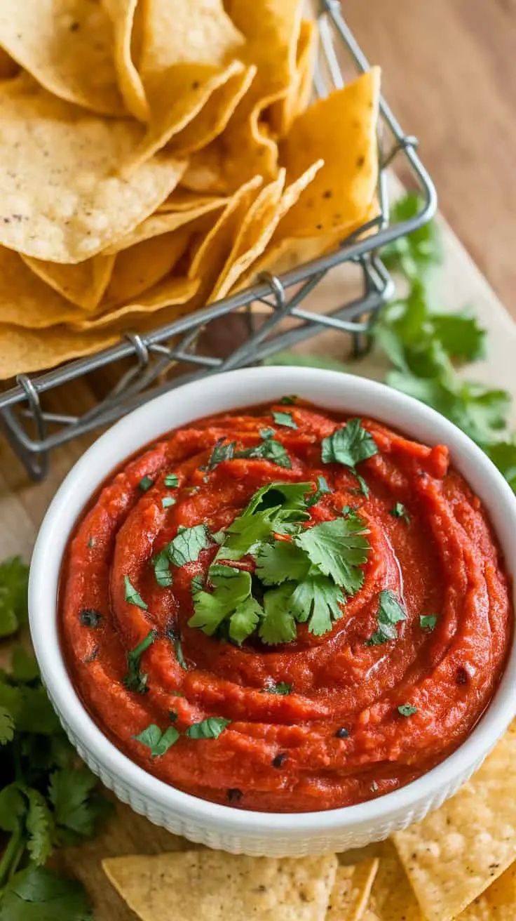 A bowl of roasted tomato salsa topped with cilantro, next to a basket of tortilla chips.