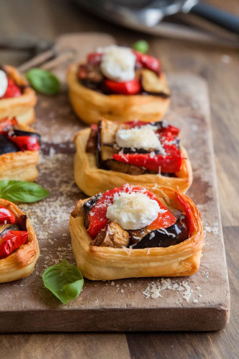 Puff pastry pockets filled with roasted vegetables and ricotta on a wooden cutting board.