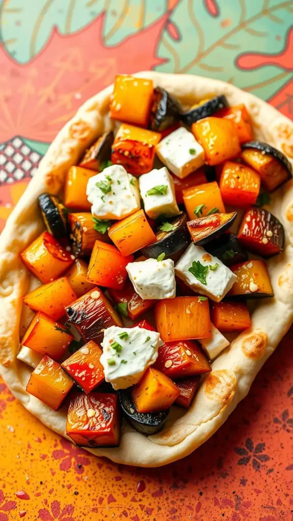 A pita pocket filled with roasted vegetables and feta cheese on a colorful background.