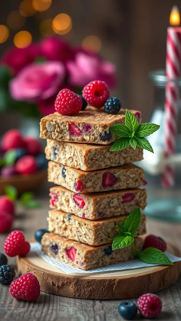 Stacked berry-chia oat bars on a wooden board with fresh berries and a candle in the background.