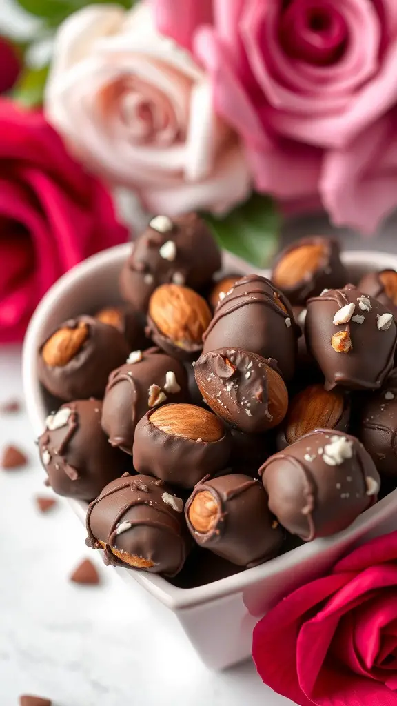 Chocolate-covered almond clusters in a heart-shaped bowl with roses in the background