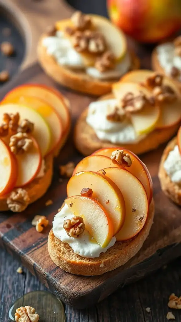 Delicious crostini topped with brie, apple slices, and walnuts on a wooden board.