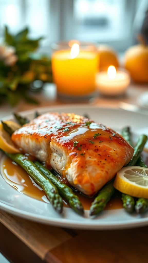 Plate of honey-glazed salmon on asparagus with candles in the background