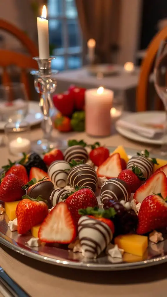 A romantic platter with chocolate-covered strawberries and assorted fruits on a table set with candles.