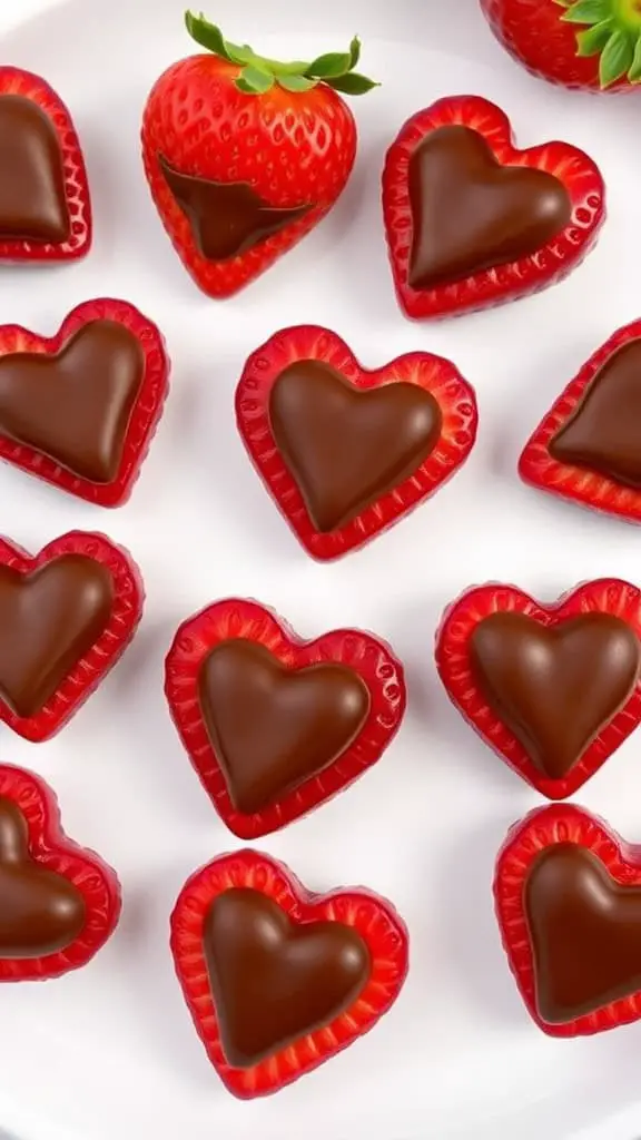 A plate of heart-shaped strawberry bites filled with chocolate, perfect for Valentine's Day.