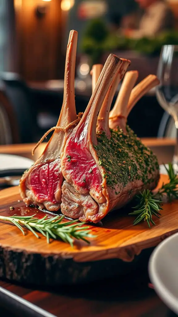 Herb-crusted rack of lamb on a wooden platter with fresh rosemary