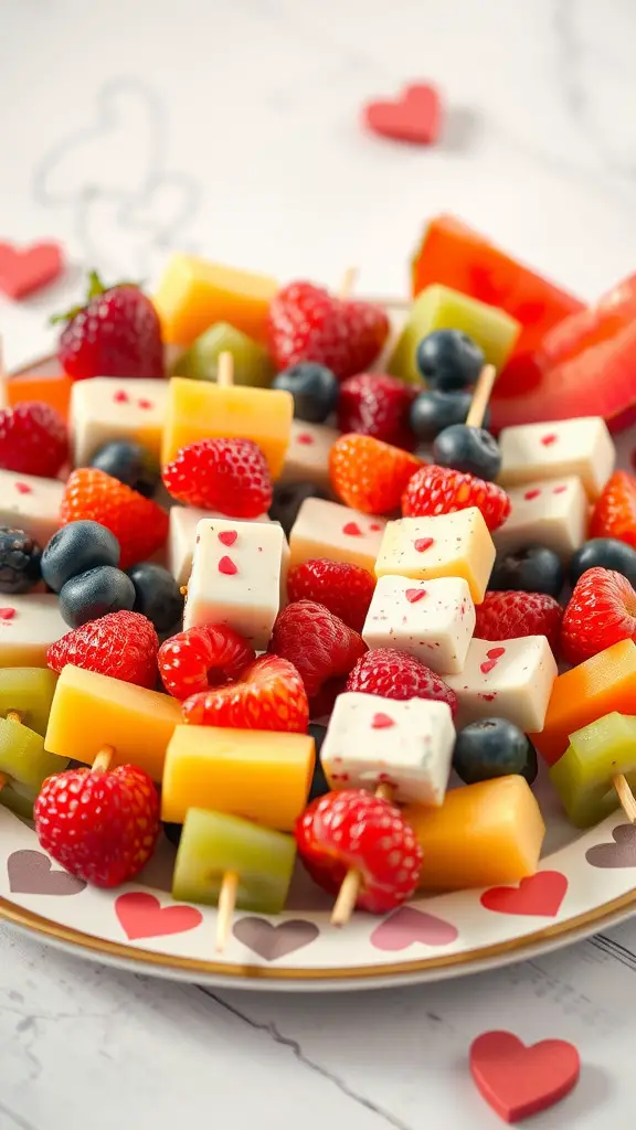 A plate of colorful fruit and cheese skewers decorated with heart-shaped patterns