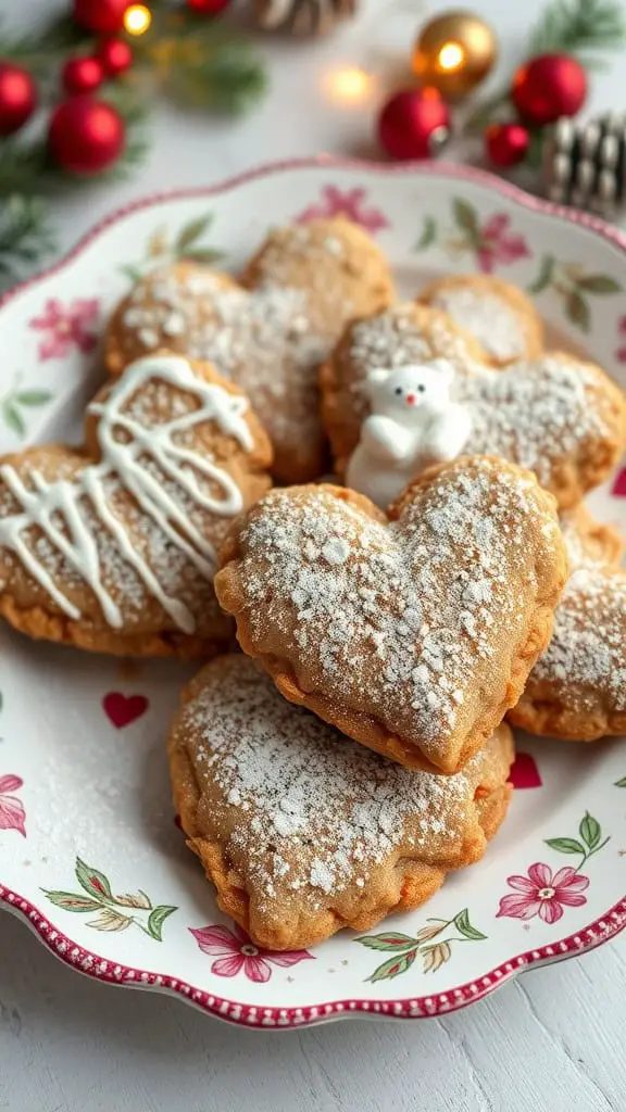 Heart-shaped oatmeal cookies dusted with powdered sugar, decorated with a polar bear and icing on a floral plate