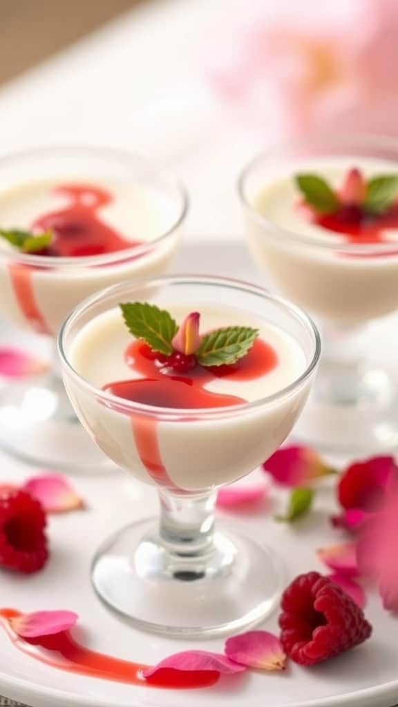 Three elegant cups of rosewater panna cotta with raspberry sauce and mint leaves, surrounded by rose petals and fresh raspberries.