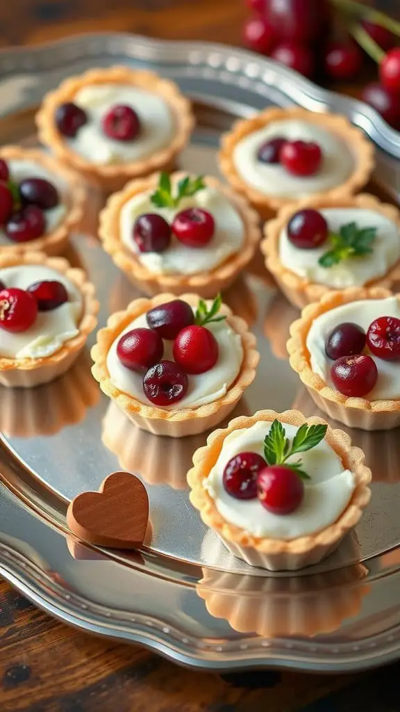 A silver platter with brie and cranberry tartlets, decorated with mint leaves and a small wooden heart.