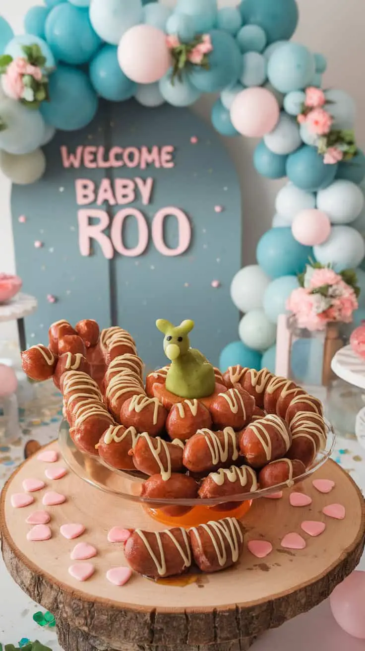 Delicious honey drizzled sausage bites on a wooden platter, decorated for a baby shower.