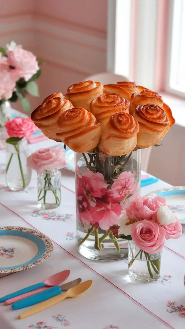 A table set with rose-shaped ham and cheese puff pastries surrounded by flowers.