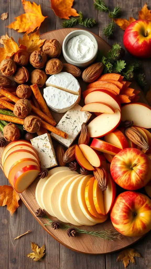 A rustic autumn snack platter with assorted cheeses, apples, baked goods, and autumn leaves